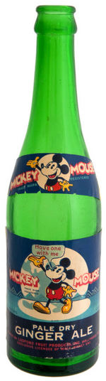 "MICKEY MOUSE PALE DRY GINGER ALE" RARE SODA BOTTLE WITH PAPER LABELS AND CAP.
