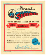 SWAN'S BREAD "SUPERMAN JUNIOR DEFENSE LEAGUE OF AMERICA" RARE CERTIFICATE.