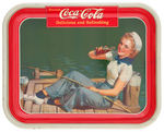 “DRINK COCA-COLA” 1940 SERVING TRAY WITH GIRL FISHING.