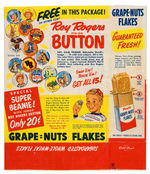 "POST'S GRAPE-NUTS FLAKES" RARE CEREAL BOX WRAPPER OFFERING ROY ROGERS BUTTONS.
