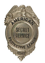 "AMERICAN PROTECTIVE LEAGUE SECRET SERVICE" BADGE AND LETTER.