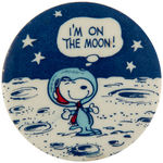 CLASSIC, SCARCE AND HISTORIC MOON LANDING BUTTON FEATURING SNOOPY FROM 1969.