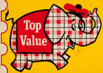 KROGER'S GROCERY STORE "TOP VALUE STAMPS" TOPPIE THE ELEPHANT TIN LITHO SIGN.
