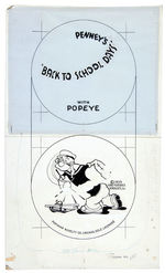 “PENNEY’S BACK TO SCHOOL DAYS WITH POPEYE” 1935 PINBACK BUTTON ORIGINAL ART WITH PRINTER’S PROOFS.