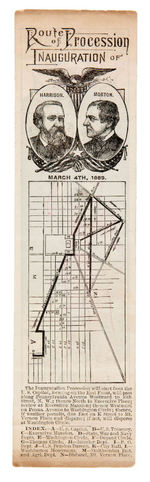 ST. JACOBS OIL AND 1889 HARRISON INAUGURAL PARADE ROUTE TWO SIDED BOOKMARK.