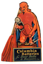 "COLUMBIA BATTERIES FOR DOOR BELLS & BUZZERS" DIE-CUT EASEL-BACK STORE COUNTER DISPLAY WITH DEVIL.