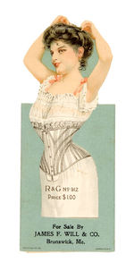 1880s DIE-CUT FOLD-OVER CORSET TRADE CARD.