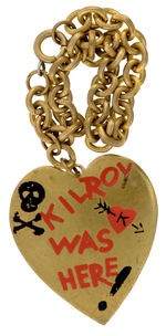 “KILROY WAS HERE” HEAVY BRASS BRACELET WITH LARGE HEART CHARM.