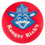 SMOKEY BEAR "JUNIOR FOREST RANGER" 1950s BADGE AND RARE 1960s RANGER RICK'S BUTTON.