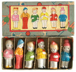 TINY BOXED BISQUE DOLL SET.