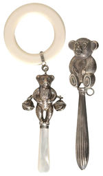 STERLING SILVER BEAR BABY RATTLE PAIR.