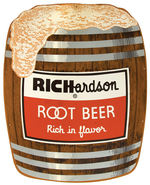 “RICHARDSON ROOT BEER” BARREL TIN SIGN WITH PACKAGING.