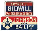 “BIDWILL FOR SECRETARY OF STATE/JOHNSON FOR BALIFF” LICENSE PLATES FROM THE GREEN DUCK ARCHIVE.