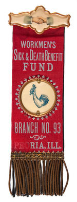 "WORKMAN'S SICK & DEATH BENEFIT FUND" EARLY RIBBON BADGE WITH CELLULOID.