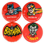BATMAN ENGLISH ISSUE CHEWING GUM PREMIUM BUTTONS 4 OF 5 IN SET.