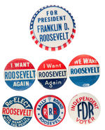 FRANKLIN ROOSEVELT SEVEN NAME AND SLOGAN BUTTONS.