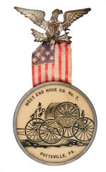 EARLY RIBBON BADGE AND BUTTON SHOWING FIRE APPARATUS.