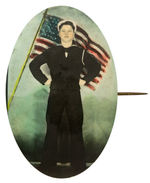 WWII ERA YOUNG SAILOR REAL PHOTO COLOR TINTED STRIKING LARGE BUTTON.