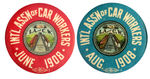 RAIL CAR WORKERS EXCEPTIONALLY COLORFUL PAIR OF 1908 UNION DUES BUTTONS.
