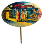 “MERRY CHRISTMAS” CHOICE COLOR OVAL WITH CAMELS AND WISE MEN OUTSIDE MANGER.