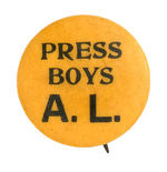 “PRESS BOYS A.L.” BLACK ON YELLOW POSSIBLY PITTSBURGH BASEBALL-RELATED BUTTON.