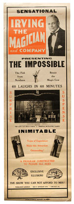 “IRVING THE MAGICIAN AND COMPANY” LINEN-MOUNTED MAGIC POSTER.