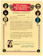 "THE JUNIOR JUSTICE SOCIETY OF AMERICA" COMPLETE 1948 CLUB KIT WITH BADGE.