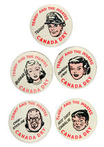 "TERRY AND THE PIRATES" COMPLETE SET OF FIVE PREMIUM BUTTONS FROM "CANADA DRY."