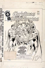 "THE BEST OF DC BLUE RIBBON DIGEST" #22 "CHRISTMAS WITH THE SUPERHEROES" ORIGINAL FRONT COVER ART.