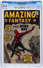 "AMAZING FANTASY" #15 AUGUST 1962 CGC 3.5 VG- FEATURING FIRST APPEARANCE OF SPIDER-MAN.