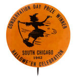 WITCH ON BROOM 1942 CHICAGO HALLOWEEN BUTTON.