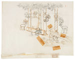SNOW WHITE SIX DWARFS CARVING TREES CONCEPT ART FOR BED BUILDING SEQUENCE.