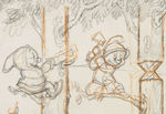SNOW WHITE SIX DWARFS CARVING TREES CONCEPT ART FOR BED BUILDING SEQUENCE.