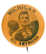 FIRST SEEN "TOMMY HARMON/MICHIGAN ALL AMERICAN" PORTRAIT BUTTON.