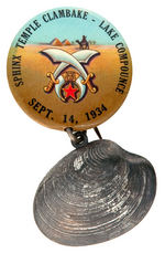 “SPHINX TEMPLE CLAM BAKE” COLORFUL SHRINE 1934 EVENT BUTTON WITH FIGURAL METAL SHELL.