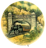 CIRCA 1896 BUTTON FROM HAKE COLLECTION SHOWS LOCOMOTIVE EXITING “HOOSAC” TUNNEL.