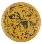 "KASKASKIA COUNCIL BOY SCOUTS OF AMERICA TWENTIETH ANNIVERSARY" LITHO BUTTON FROM CPB.