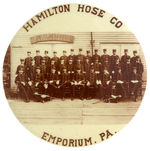 CIRCA 1900 FIREMEN IN DRESS UNIFORMS REAL PHOTO BUTTON FROM HAKE COLLECTION.