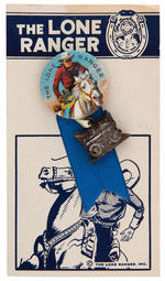 "THE LONE RANGER" c.1956 BUTTON ON RARE CARD FROM WXYZ FOUNDING RADIO ARCHIVE.