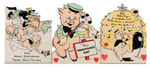 “THREE LITTLE PIGS” DIE-CUT GREETING CARD TRIO AND FIFER PIG CELLO NAPKIN RING.