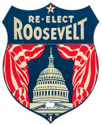 "RE-ELECT ROOSEVELT" LARGE SHIELD SHAPED METAL LICENSE PLATE c. 1936.