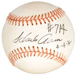 HANK AARON SIGNED BASEBALL USED IN 1974 GAME TYING BABE RUTH AS HOME RUN KING.