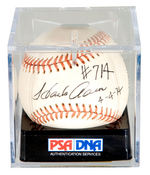 HANK AARON SIGNED BASEBALL USED IN 1974 GAME TYING BABE RUTH AS HOME RUN KING.