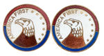 “AMERICA FIRST” MATCHING PAIR OF EAGLE ENAMEL ON BRASS LAPEL STUDS.