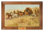 "ATTACK ON THE OVERLAND STAGE 1860/BUDWEISER" LARGE CARDBOARD SIGN.