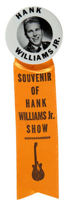 "HANK WILLIAMS JR." SOUVENIR PORTRAIT BUTTON WITH RIBBON.