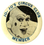 “JO-JO’S CIRCUS CLUB” AMONG FIRST EVER BUTTONS TO SHOW PHOTO OF A CLOWN.