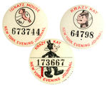 KRAZY KAT AND IGNATZ MOUSE THREE BUTTONS FROM 1930s NEW YORK NEWSPAPER.