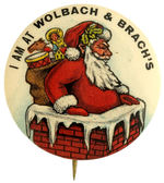 ROTUND SANTA SQUEEZING INTO ICICLE-COVERED CHIMNEY RARE BUTTON.