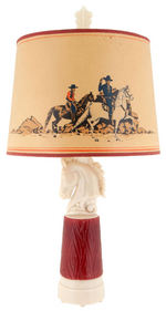 "HOPALONG CASSIDY" MOLDED GLASS HORSE HEAD LAMP WITH RARE ORIGINAL SHADE.